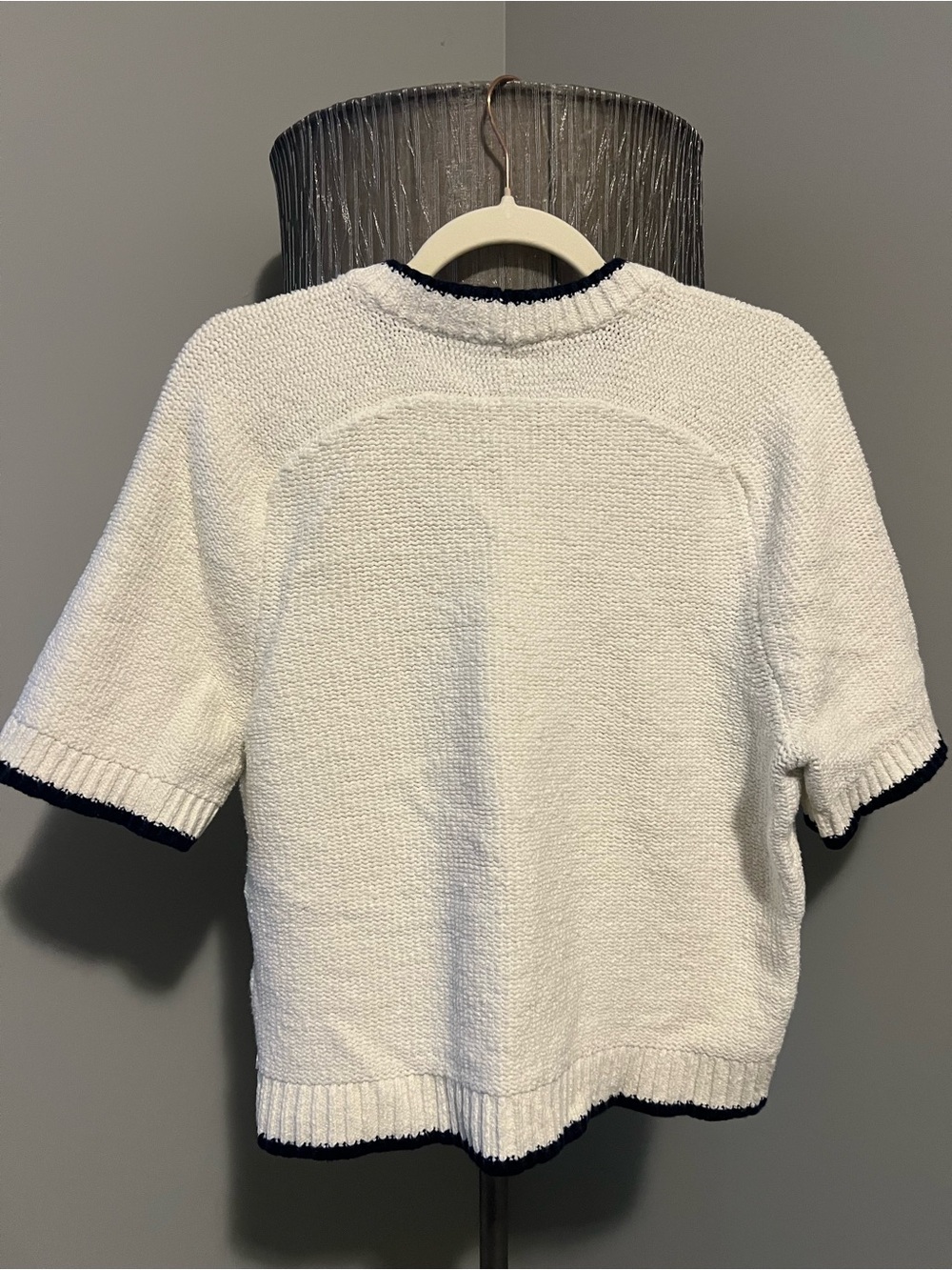 Abercrombie & Fitch Madeline Textural Crew Sweater Top in cream with navy trim - Picture 3 of 5